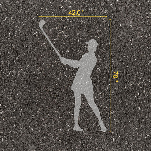 Women's golf player silhouette parking space stencil with measurements on pavement.