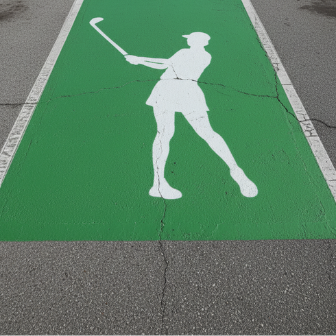 Female Golfer painted onto a high school parking space that has been painted green.