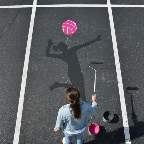 Volleyball player painted onto a high school seniors' parking spot with a student standing in from of it