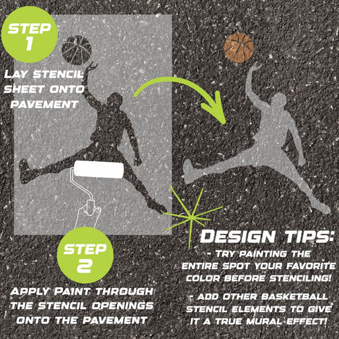 Instructions for creating a basketball-themed stencil design on pavement.