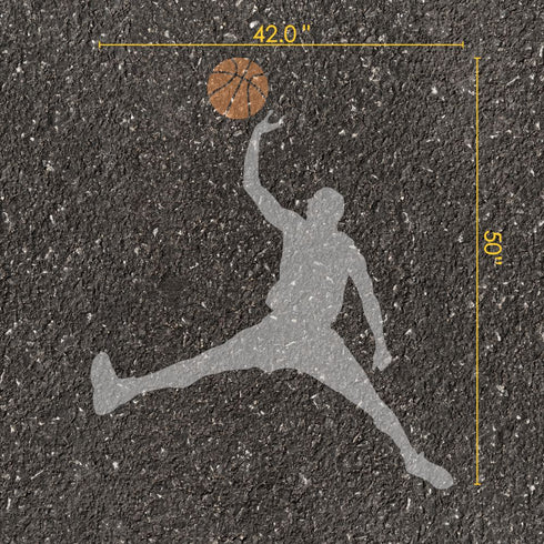 Silhouette of a basketball player with a ball stenciled on an asphalt surface, showing dimensions.