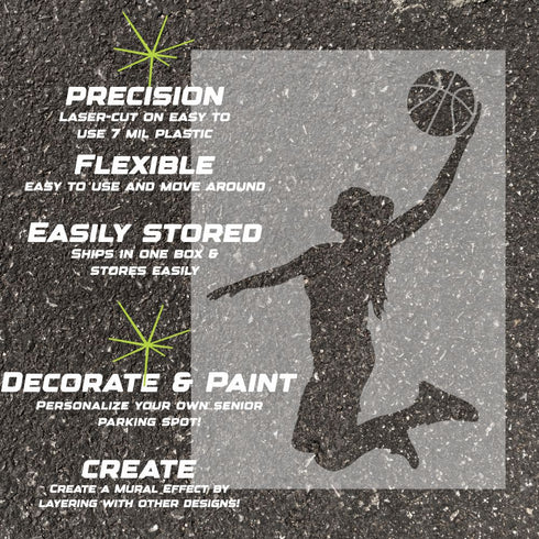 Promotional graphic for a product related to parking spots with text and a silhouette of a person holding a basketball.