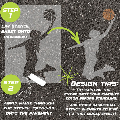 Instructions for creating a basketball-themed stencil design on pavement.