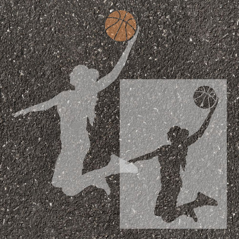 Silhouette of a basketball player taking a shot on an asphalt parking space with an inset showing a close-up of the stencil.