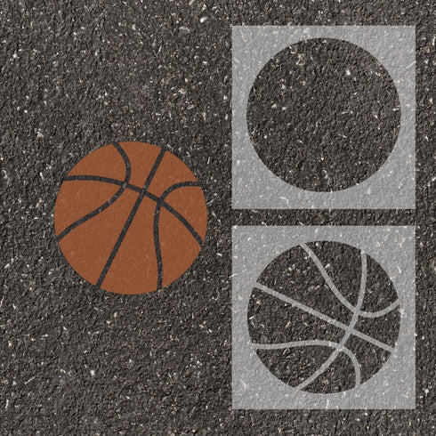 Basketball stenciled on pavement with matching 2 part stencil.