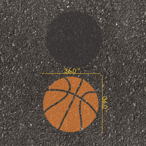Basketball parking space stencil with measurements on pavement.