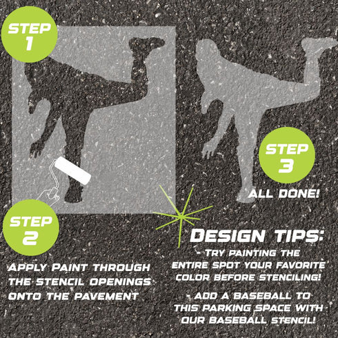 Instructions for using the baseball pitcher silhouette stencil to paint on pavement.