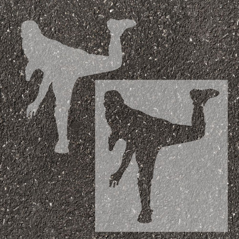 Baseball pitcher silhouette stenciled on pavement with matching stencil.