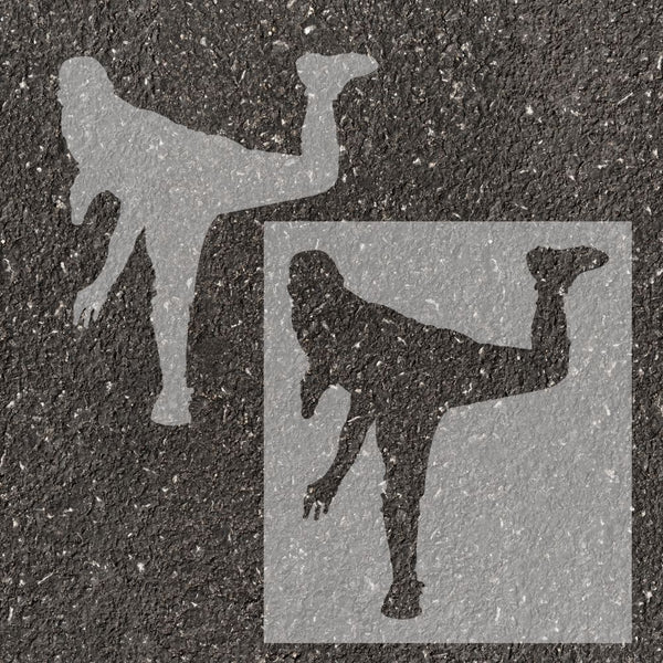 Baseball pitcher silhouette stenciled on pavement with matching stencil.