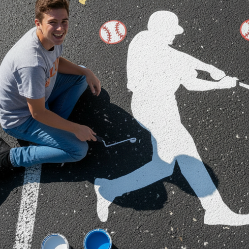 Student painting a mural on a parking lot with baseball player stencil