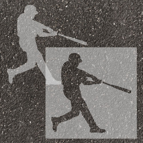 Baseball player silhouette stenciled on pavement with matching stencil.