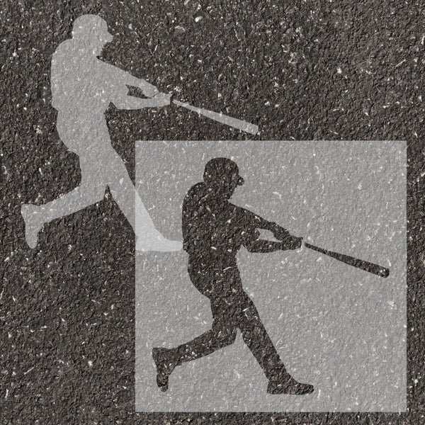 Baseball player silhouette stenciled on pavement with matching stencil.