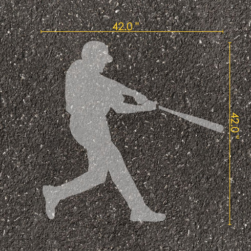 Baseball player silhouette stencil with measurements on pavement.