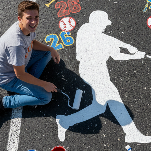 Student painting a mural on a parking lot with baseball player stencil