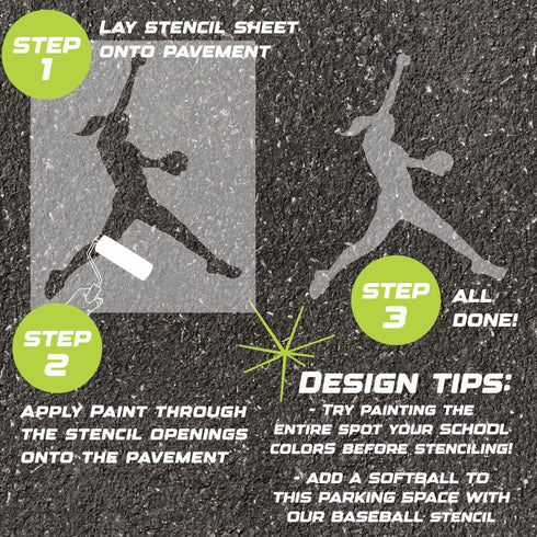 Instructions for using the softball pitcher silhouette stencil to paint on pavement.
