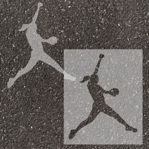 Softball pitcher silhouette stenciled on pavement with matching stencil.