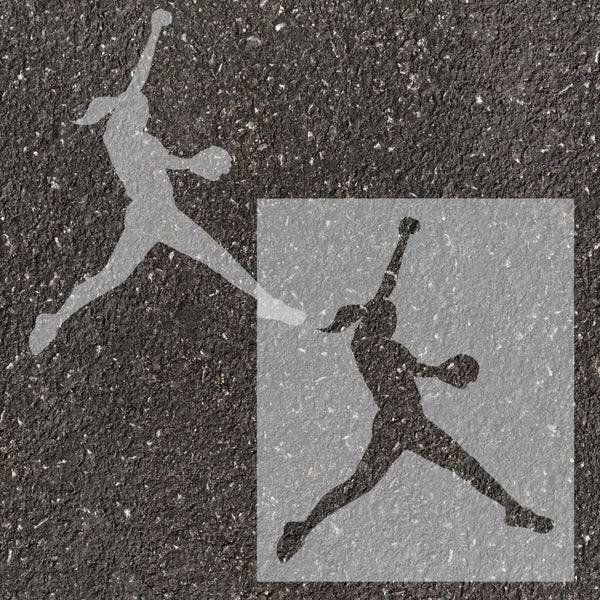 Softball pitcher silhouette stenciled on pavement with matching stencil.