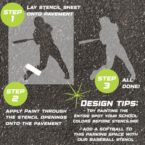 Instructions for using the softball player silhouette stencil to paint on pavement.