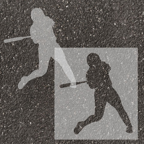Softball player silhouette stenciled on pavement with matching stencil.