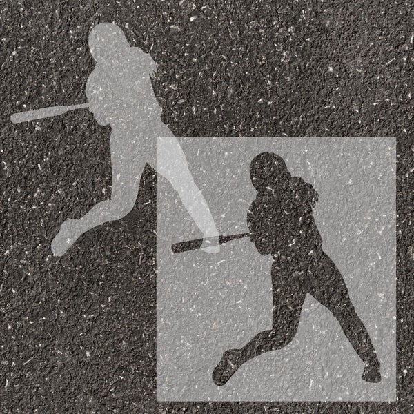 Softball player silhouette stenciled on pavement with matching stencil.