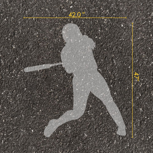 Softball player silhouette stencil with measurements on pavement.