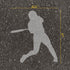 Softball player silhouette stencil with measurements on pavement.