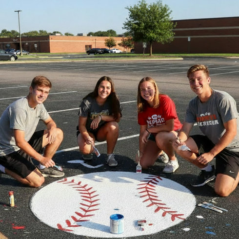 High School Seniors stenciling a high school parking space with the Baseball Senior Parking Space Stencil.