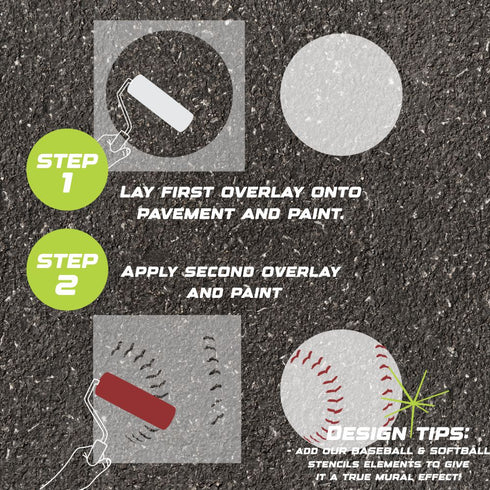 Instructions for using the baseball and softball two part parking space stencil to paint on pavement.