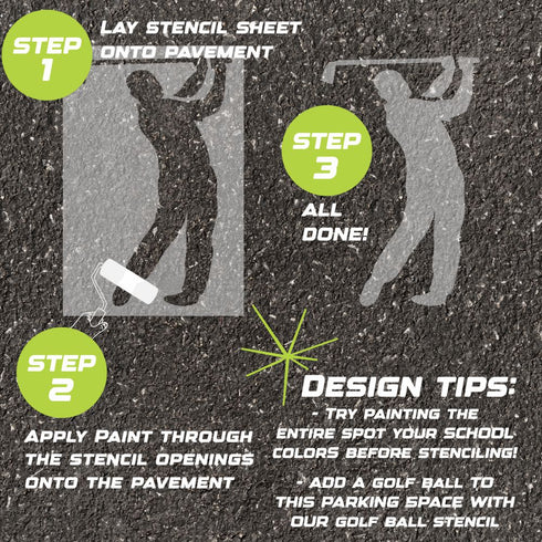 Instructions for creating a golf-themed design on pavement using a parking space stencil.