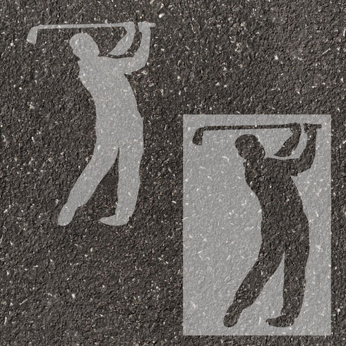 Golf player silhouette parking space stencil on pavement.