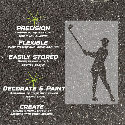 Instructions for creating a golf-themed design on pavement using a parking space stencil.