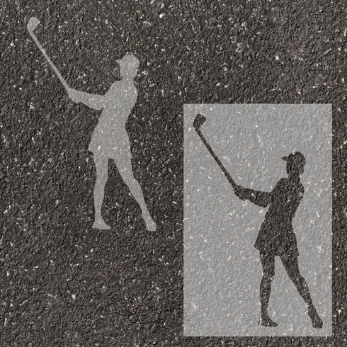Women's golf player silhouette stenciled on pavement with matching stencil.