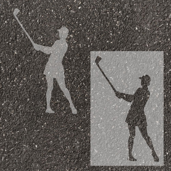 Women's golf player silhouette stenciled on pavement with matching stencil.