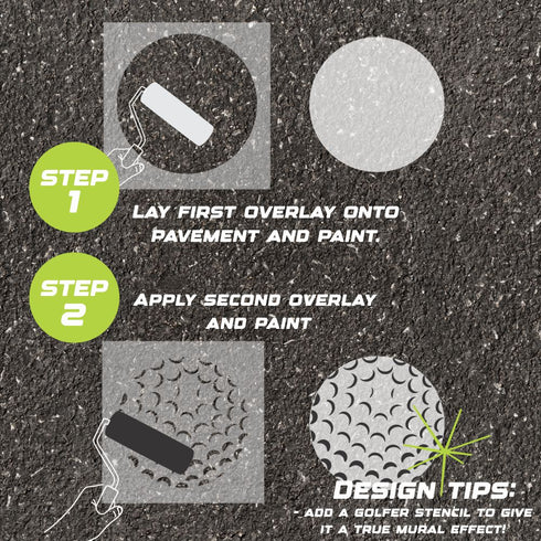 Instructions for creating a golf-themed design on pavement using a parking space stencil.