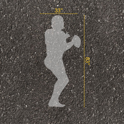 Football quarterback silhouette parking space stencil with measurements on pavement.
