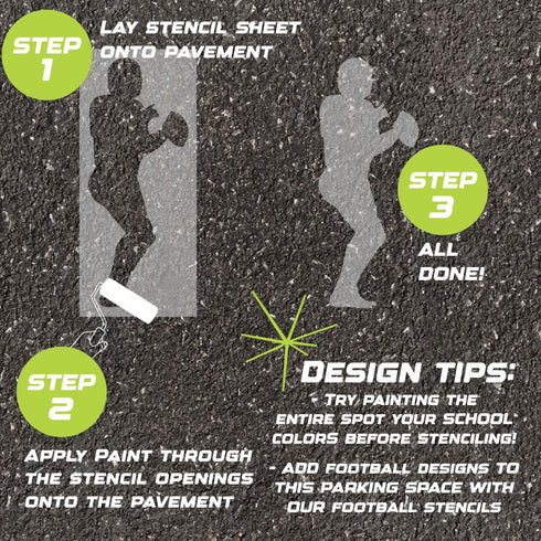 Instructions for creating a football-themed design on pavement using a parking space stencil.
