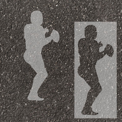 Football quarterback silhouette stenciled on pavement with matching stencil.