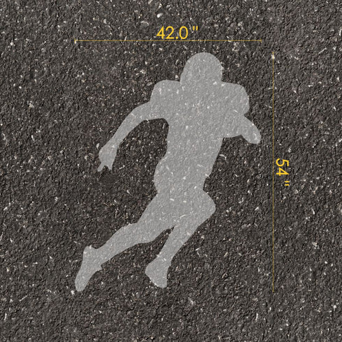 Football player silhouette parking space stencil with measurements on pavement.