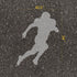 Football player silhouette parking space stencil with measurements on pavement.