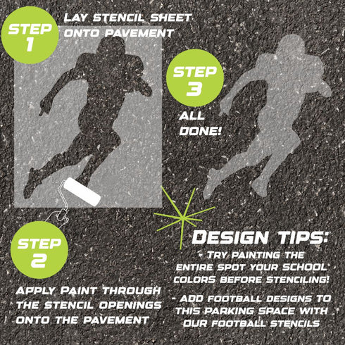 Instructions for creating a football-themed design on pavement using a parking space stencil.