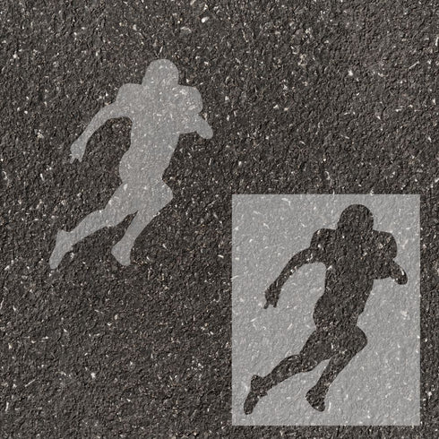 Football player silhouette stenciled on pavement with matching stencil.