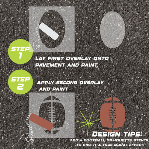 Instructions for creating a football-themed design on pavement using a parking space stencil.
