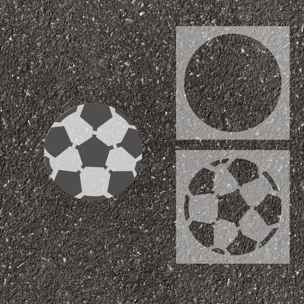 Soccer stenciled on pavement with matching 2 overlay parking space stencil.