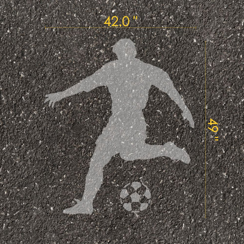 Men's soccer player silhouette parking space stencil text with measurements on pavement.