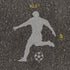 Men's soccer player silhouette parking space stencil text with measurements on pavement.
