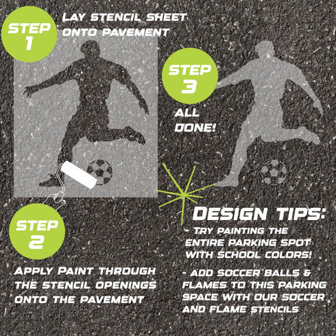 Instructions for using the men's soccer player silhouette parking space stencil to paint on pavement.