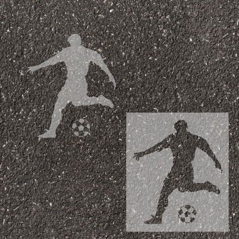 Men's Soccer player silhouette stenciled on pavement with matching stencil.