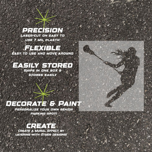 Details about the women's lacrosse player silhouette stencil.