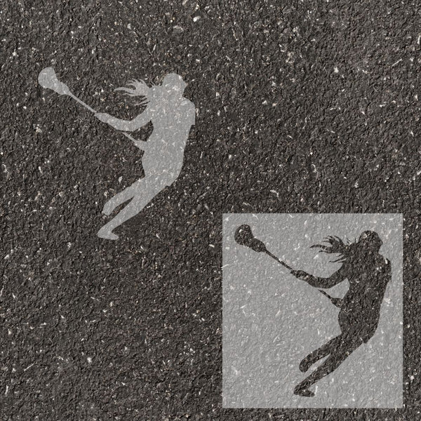 Women's lacrosse player silhouette stenciled on pavement with matching stencil.