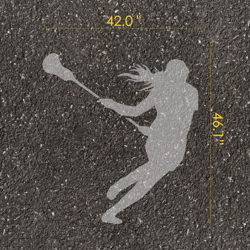 Women's lacrosse player silhouette parking space stencil with measurements on pavement.